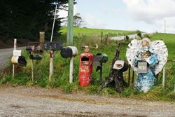 A variety of letterboxes here - a lizard climbing one, an angel made out of aluminium cans, and a fire extinguisher - Tasmania