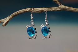 Blue Crystal and Silver Crab Earrings