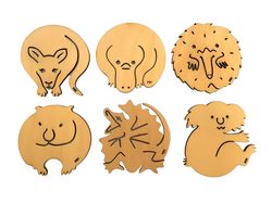 Coasters - Box 6 roo, koala, echidna, lizard, platy, wombat - Pine